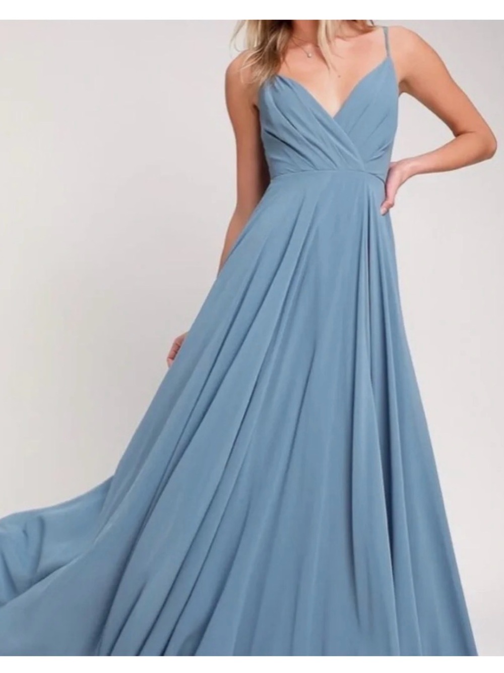 Lulu's Slate Blue Spaghetti Strap Bridesmaid Maxi Gown